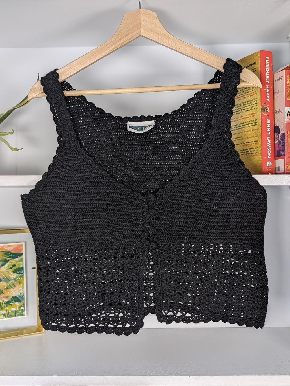 Y2K Black Crochet Crop Top Sleeveless Cardigan Size Medium Boho Granola Summer